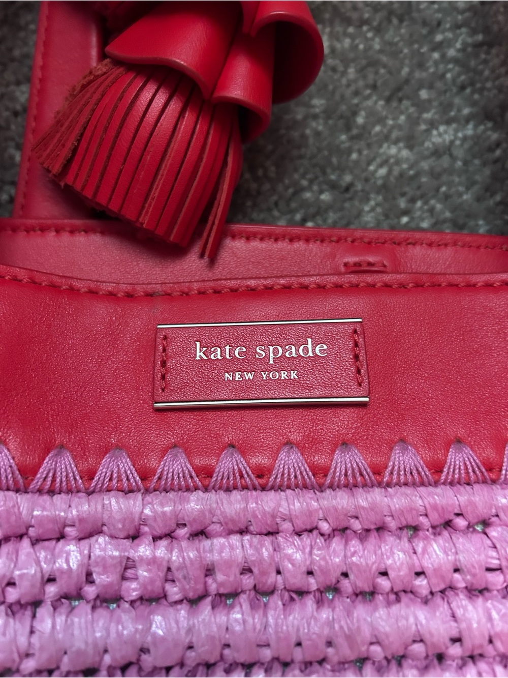 kate spade Pink, Peach & Yellow Woven Straw Tote with Red Trim and Tassels - Picture 2 of 4